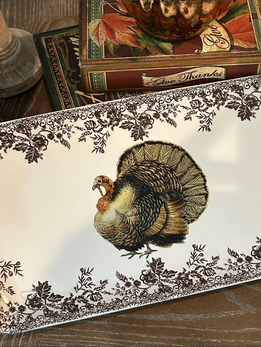 NEW! Fall Harvest Toile Ceramic Thanksgiving Turkey Serving Platter Tray